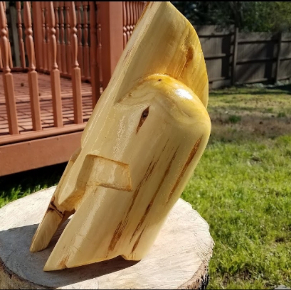 Hand Carved Spartan Helmet Sculpture